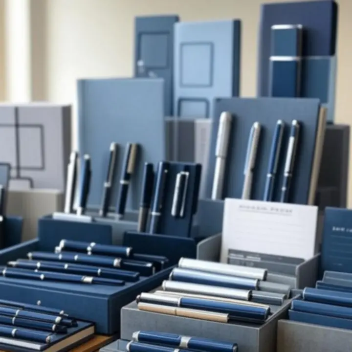 Collectie merkstationery met pennen, notitieboeken en kantooraccessoires