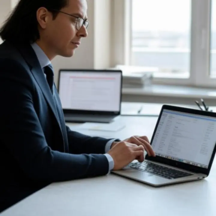 Zakelijke klant bekijkt productreviews op een laptop aan een bureau