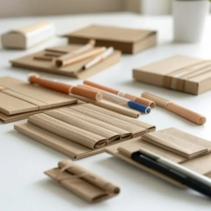 Selectie duurzame kantoorverbruiksartikelen zoals gerecycled papier en hervulbare pennen