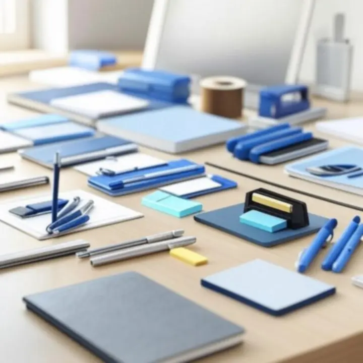 Selectie van essenti&euml;le kantoorartikelen zoals pennen, notitieboeken en bureauaccessoires