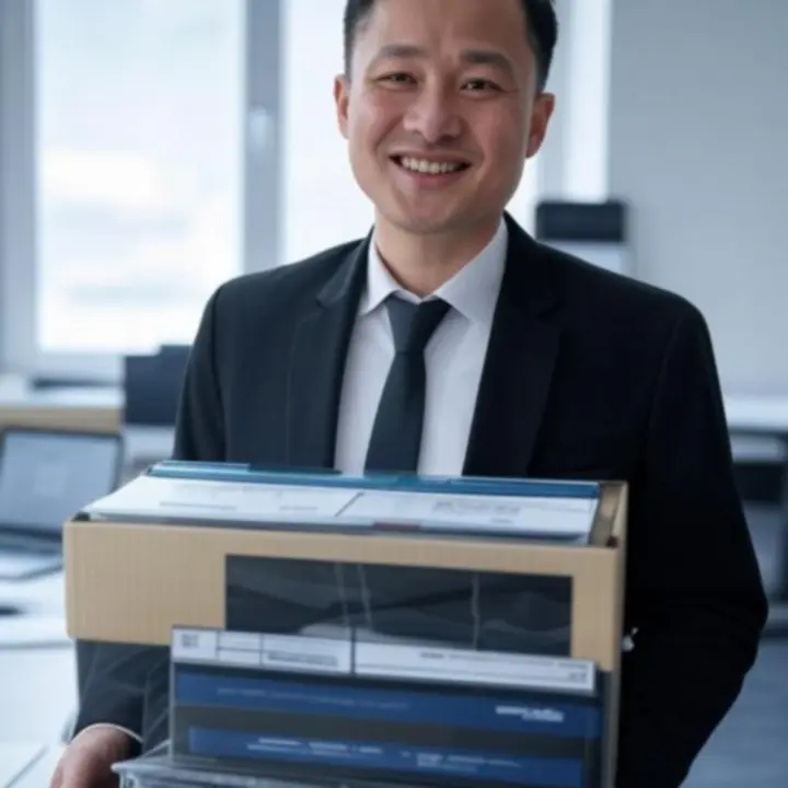 Zakelijke klant die tevreden is met Officorelia kantoorbenodigdheden in een moderne vergaderruimte