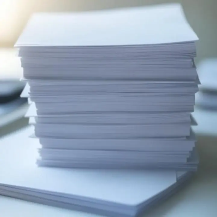 Stapels hoogwaardig wit kantoorpapier op een strak bureau