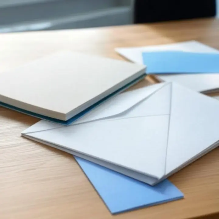 Hoogwaardige papierproducten netjes gestapeld op een bureau